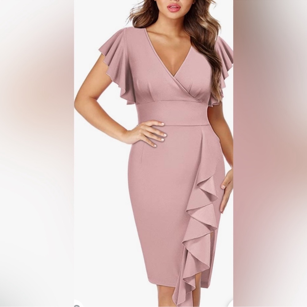 Elegant Pink Ruffle Sleeve Dress